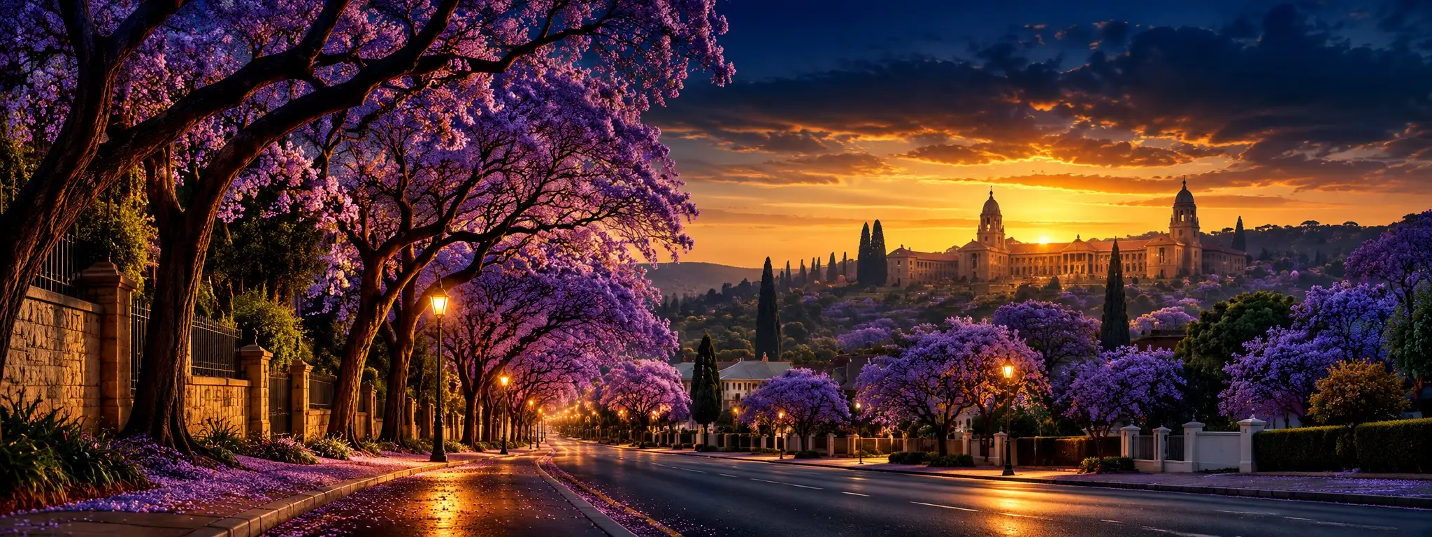 Jacaranda-lined street in Pretoria at sunset with the Union Buildings on the hill