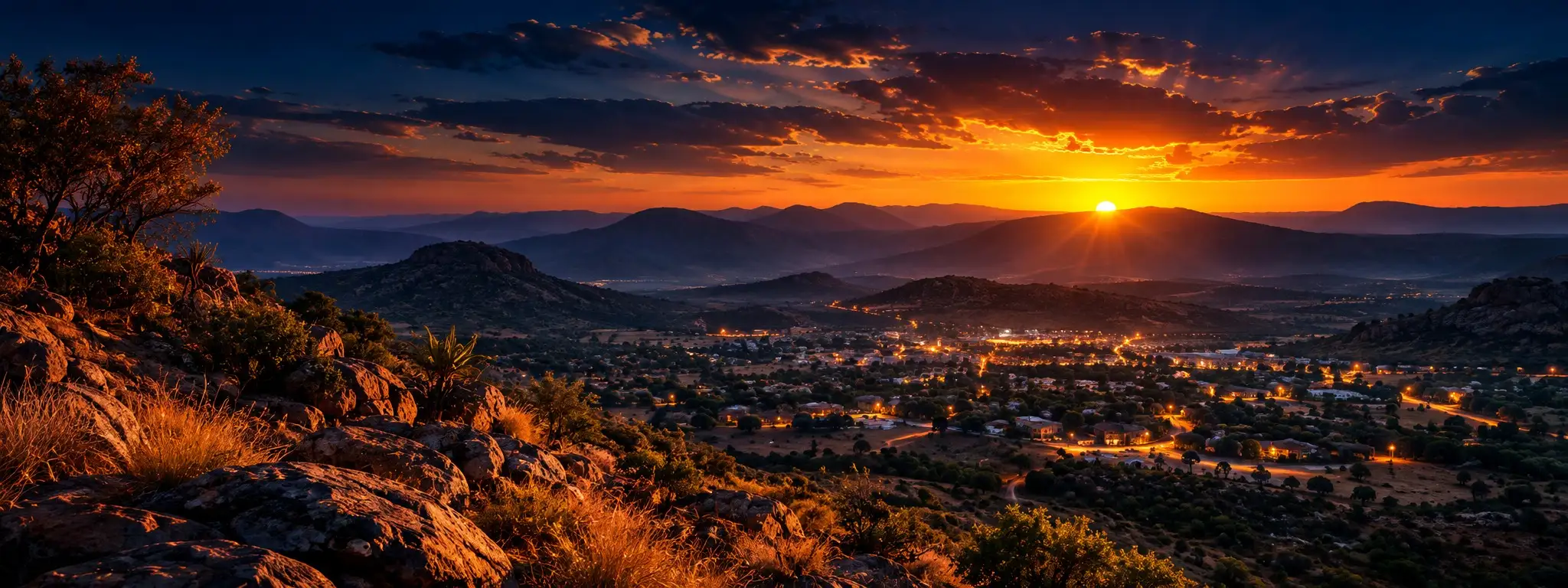 Hills and town lights of the Rustenburg area at sunset